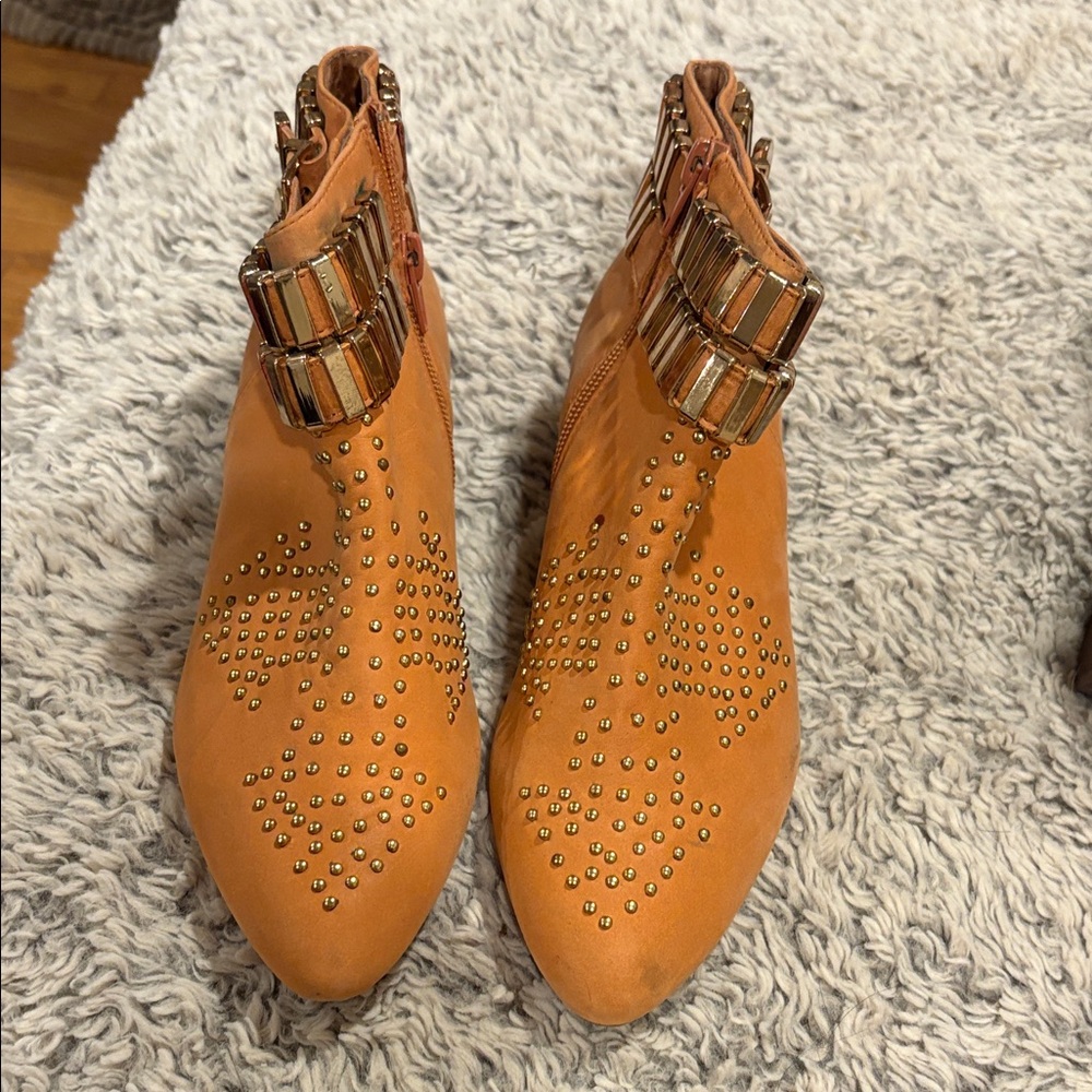 Jeffrey Campbell Ibiza Last Boots Womens 7 Tan Good Studded Buckle Ankle Booties
